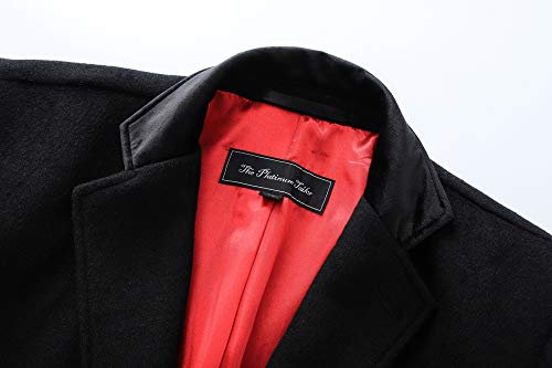Mens Black Overcoat Wool & Cashmere Covert Warm Winter Mod Cromby Coat Velvet Collar & Red Satin Lining (42)