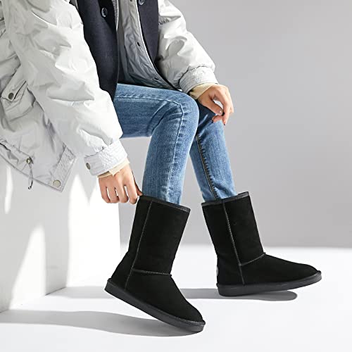 Women's Winter Snow Boots Warm Cow Suede Leather Mid Calf Boots Ankle Booties(Black,US9)