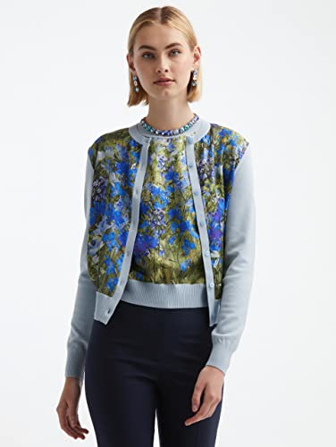 Oscar de la Renta, Floral Field Silk Inset Cardigan, M, Topaz Multi