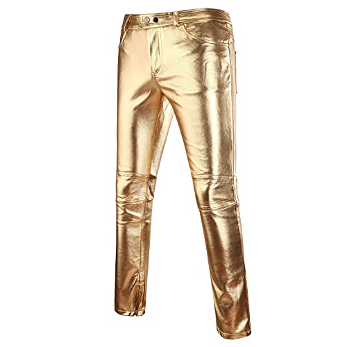 Men's Slim Fit Skinny PU Leather Pant Straight Leg Night Club Disco Metallic Biker Pants