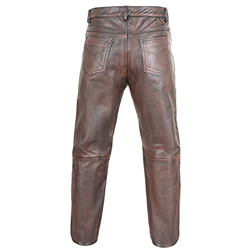 Demon Wears Men's Brown Distressed Motorcycle Leather Jeans Style Pants for Men (40" inch)