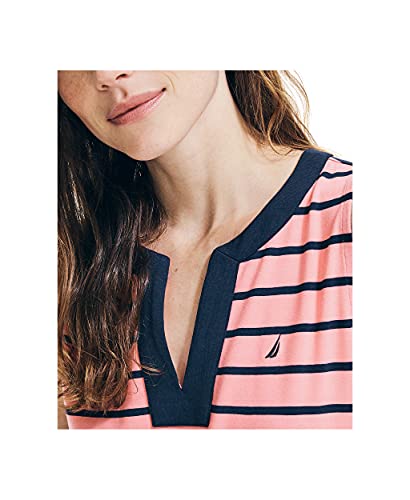 Nautica Women's Breton Stripes Sleeveless V-Neck Stretch Cotton Polo Dress, Pale Coral, Medium