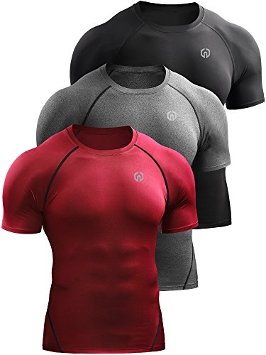 Neleus Men's 3 Pack Compression Baselayer Athletic Workout T Shirts,5022,Black,Grey,Red,S,EU M