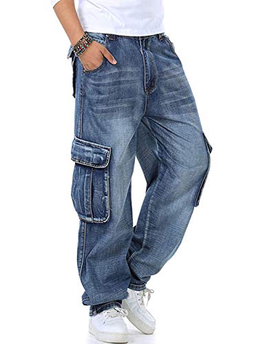 Yeokou Men's Casual Loose Hip Hop Denim Work Pants Multi Pockets Cargo Jeans (36, Light Blue)