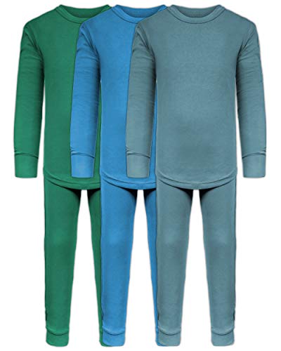 Boys Long John Ultra-Soft Cotton Stretch Base Layer Underwear Sets / 3 Long Sleeve Tops + 3 Long Pants - 6 Piece Mix & Match (3 Sets / 6 Pc - Evergreen/Blue/Arctic, 7)
