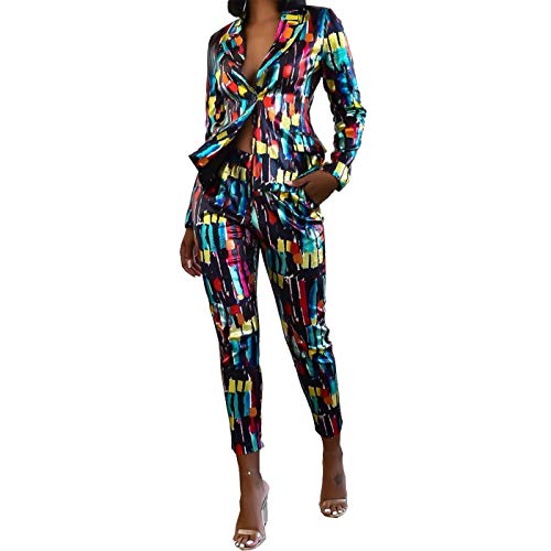 Women Lapel Collar Long Sleeve Top Jacket Pants 2 Piece Suit Set Outfits Elegant Uniform Suits Letter Print Multicolored Large