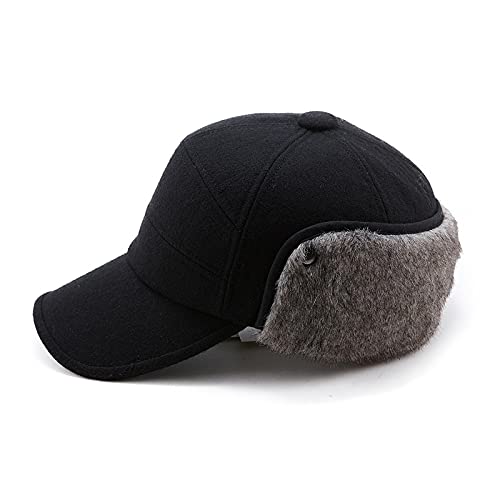 Comhats Winter Wool Baseball Cap Earflap Hat Faux Fur Ear Flap Hat for Men Hunting Fitted Hat Black Unisex