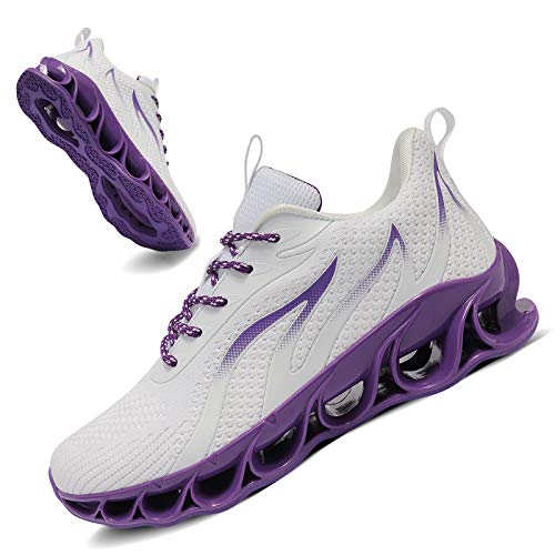 MOSHA BELLE Women Gym Tennis Shoes Fashion Walking Street Running Daily Basic Knit Sneakers White Purple Size 7