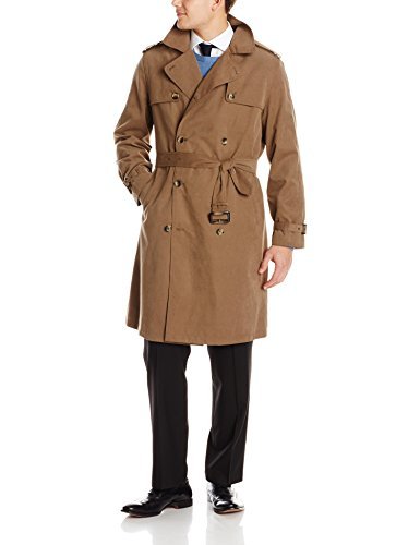 LONDON FOG Men's Plymouth Double Breasted Belted Micro Twill Light Lined Trench Coat, Dark Khaki, 44 Small