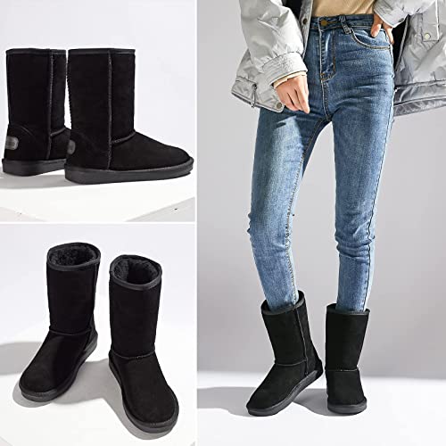 Women's Winter Snow Boots Warm Cow Suede Leather Mid Calf Boots Ankle Booties(Black,US9)