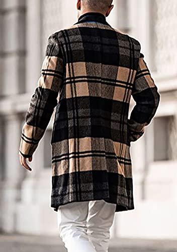 chouyatou Men's Casual Notched Collar Plaid Single Breasted Wool Blend Formal Trench Top Coat (Brown-Plaid, Medium)