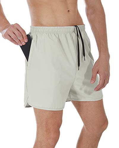 SILKWORLD Men's Running Stretch Quick Dry Shorts with Zipper Pockets(Pack of 3), Black, Army Green, Light Grey, Medium