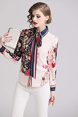Women's Tie Neck Floral Print Shirt Casual Long Sleeve Button up Blouse Top