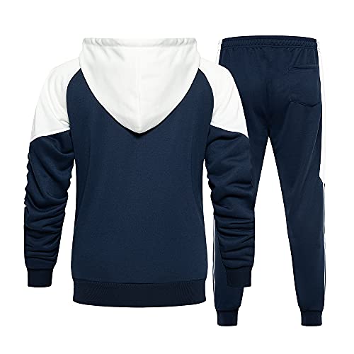 Runcati Mens Tracksuit Sweatshirt and Joggers Color Block Sweatsuit 2 Pcs Sports Set Blue