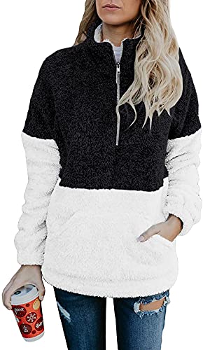 BTFBM Women Sherpa Pullover Quarter Zip Long Sleeve Fluffy Soft Fleece Jackets Sweaters Sweatshirts Hoodies Outwear Coat (Black, X-Large)