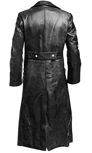 Mens Vintage German Classic WW2 Officer Military Uniform Black Leather Trench Coat Jacket