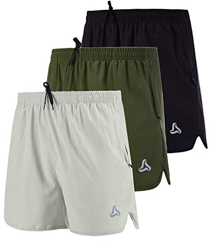 SILKWORLD Men's Running Stretch Quick Dry Shorts with Zipper Pockets(Pack of 3), Black, Army Green, Light Grey, Medium