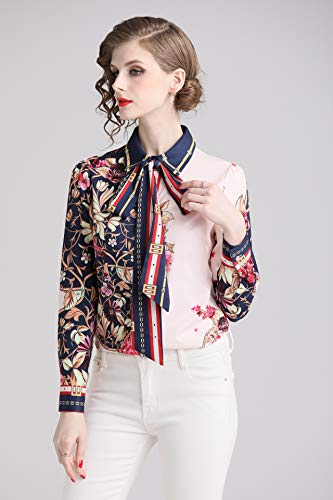 Women's Tie Neck Floral Print Shirt Casual Long Sleeve Button up Blouse Top