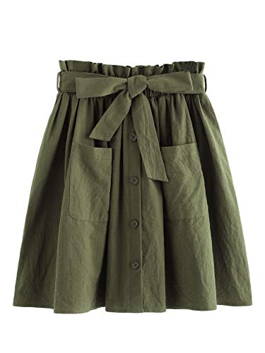 SheIn Women's Casual Self Tie Waist Frill Double Pocket Short Skirt Army Green Large