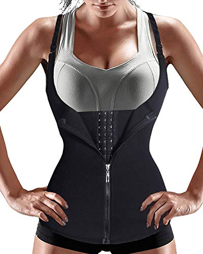 Nebility Women Waist Trainer Corset Zipper Vest Body Shaper Cincher Tank Top with Adjustable Straps (2XL, Black)