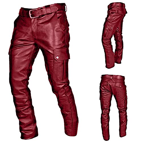 Mens Steampunk Stretchy Faux Leather Biker Pants Retro Metallic Motocycle Slim Fit PU Leather Denim Pants