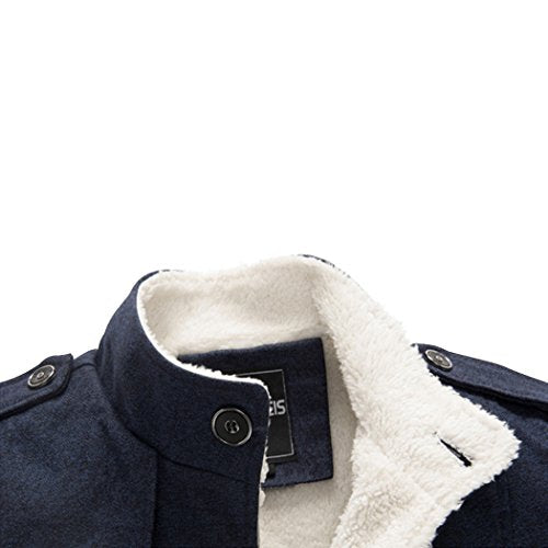Sun Lorence Men's Stand Collar Wool Blend Single Breasted Pea Coat With Fleece Lined (Medium, Navy Blue)