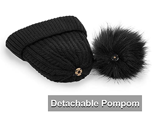 Simplicity Beanie Hat Winter Knitted Beanie for Women with Detachable Pompom Women Beanie with Pom Womens Beanie with Pom Pom, Womens Black Beanie