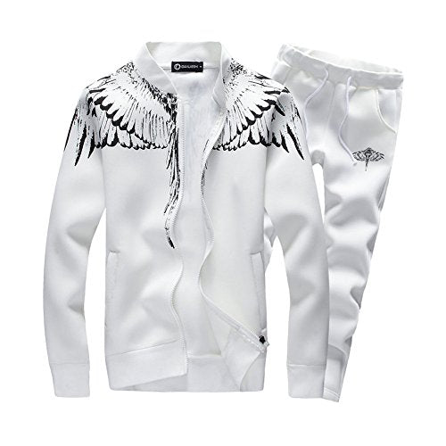 ASALI Mens Tracksuit Feather Wings Fashion Warm Up Jogger Suit with Jacket+Pants Sets White XL