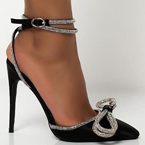 Vertundy Women's Lace up High Heeled Sandals Ankle Buckle Strap Rhinestone Bowknot Stilettos Satin Pointy Pumps (Black,US size8)