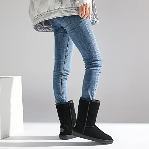 Women's Winter Snow Boots Warm Cow Suede Leather Mid Calf Boots Ankle Booties(Black,US9)