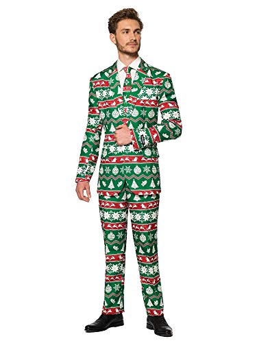 SUITMEISTER Green Nordic Christmas Suit - Size L, Includes Matching Blazer Jacket, Pants & Tie | Slim Fit Ugly Fancy Dress Outfits | Christmas Day Outfit, Office Party, Thanks Giving & Gatherings