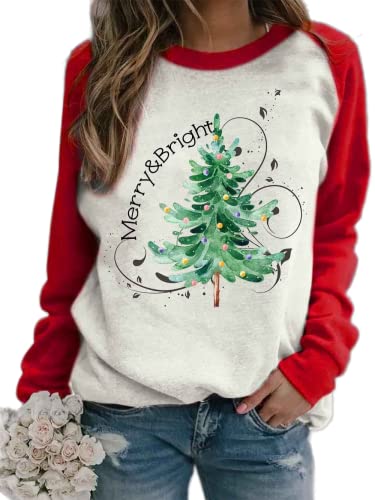 Christmas Sweatshirt for Women Merry and Bright Christmas Long Sleeves Shirt Christmas Tree Print Blouse Tops Holiday Shirts (Red, Small)