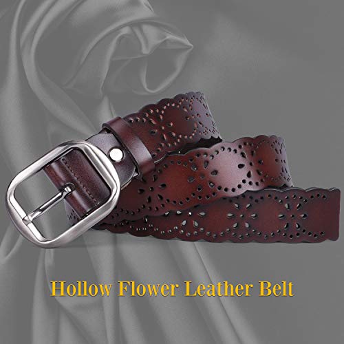 JASGOOD Women’s Hollow Flower Genuine Cowhide Leather Belt With Alloy Buckle needs dark brown and a size Waist Size 26-30 Inch