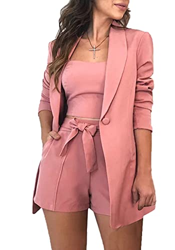 3 Piece Outfits for Women Long Sleeve Open Front Blazer & Crop Tops & Shorts Elegant Business Suit Sets