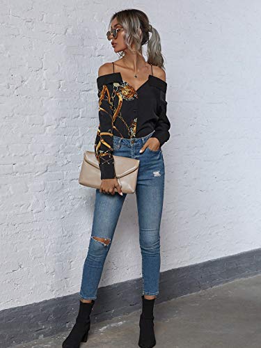 Floerns Women's Off The Shoulder Long Sleeve Button Front Blouse Shirt Tops Black XL