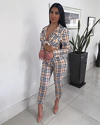 THLAI Women Casual Plaid 2 Piece Outfits Open Front Long Sleeve Blazer with Matching Bra and Long Pants Set 3 Piece Outfits