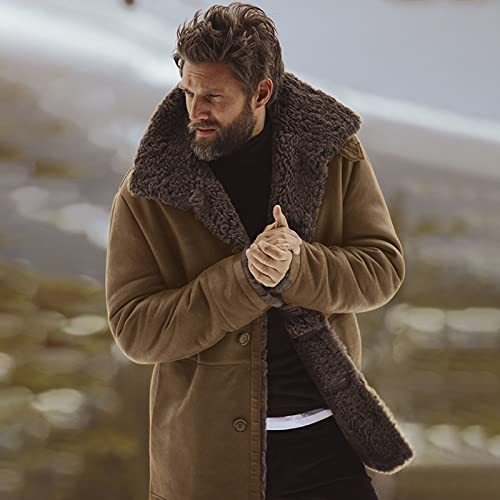 Men's Plus Fleece Jacket Mountaineering Warm Sherpa Trucker Coat Suit Lapel Cardigan Button Warm Winter Thick Overcoat Brown