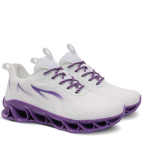 MOSHA BELLE Women Gym Tennis Shoes Fashion Walking Street Running Daily Basic Knit Sneakers White Purple Size 7