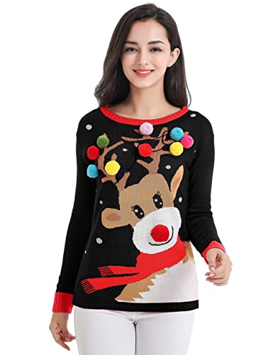v28 Varied Ugly Christmas Sweater for Women Merry Reindeer Shirt Knit Sweaters (Medium, Colorful Deer Black)