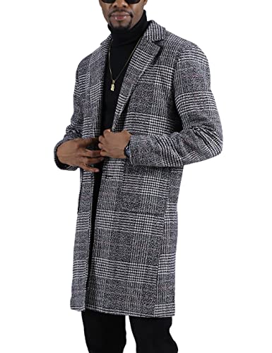 Uaneo Men's Casual Notch Lapel Single Breasted Plaid Mid Long Trench Pea Coat (Dark Gray, XX-Large)
