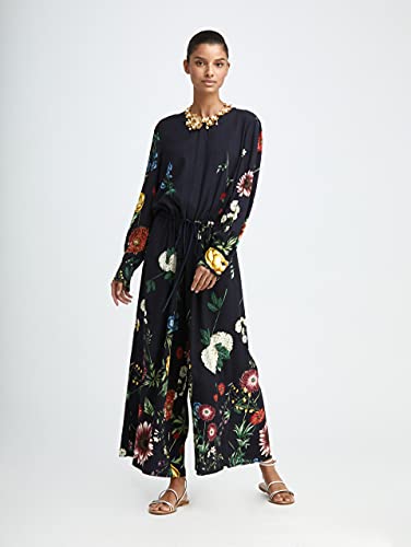 Oscar De La Renta, Tossed Botanical Crepe Jumpsuit, 0, Navy