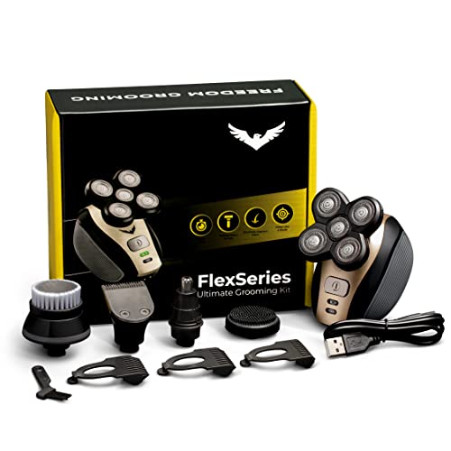 The FlexSeries Electric Head Hair Shaver - FREEDOM GROOMING - Ultimate Mens Cordless Rechargeable Wet/Dry Skull & Bald Head Waterproof Razor with Rotary Blades, Clippers, Nose Trimmer, Brush, Massager