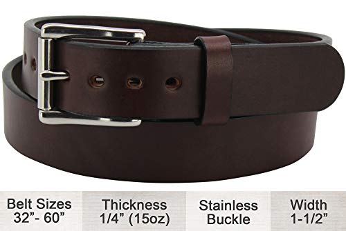 Bullhide Belts Max Thickness Work or Gun Belt - Thick, Rigid CCW Belts for Men - Gun Belts for Concealed Carry Duty Leather – 1.50” Wide - Made in USA, Brown - 40"