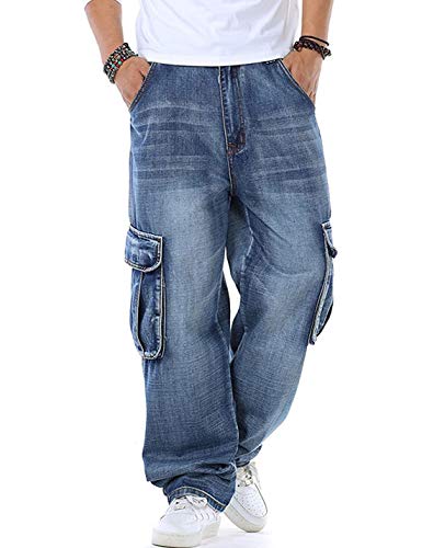 Yeokou Men's Casual Loose Hip Hop Denim Work Pants Multi Pockets Cargo Jeans (36, Light Blue)