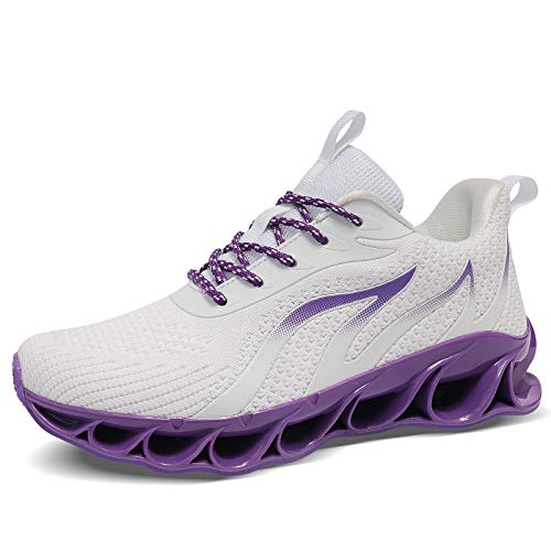 MOSHA BELLE Women Gym Tennis Shoes Fashion Walking Street Running Daily Basic Knit Sneakers White Purple Size 7