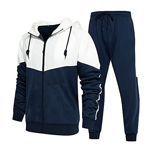 Runcati Mens Tracksuit Sweatshirt and Joggers Color Block Sweatsuit 2 Pcs Sports Set Blue