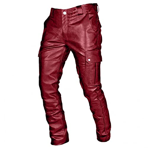 Mens Steampunk Stretchy Faux Leather Biker Pants Retro Metallic Motocycle Slim Fit PU Leather Denim Pants