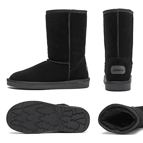 Women's Winter Snow Boots Warm Cow Suede Leather Mid Calf Boots Ankle Booties(Black,US9)
