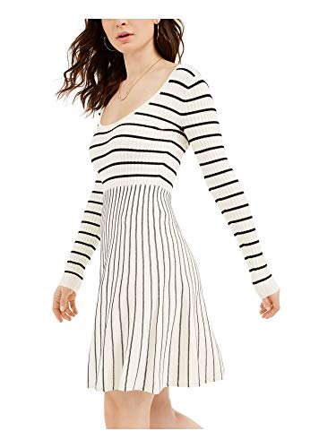 GUESS Womens White Striped Long Sleeve Scoop Neck Knee Length Fit + Flare Dress Size L