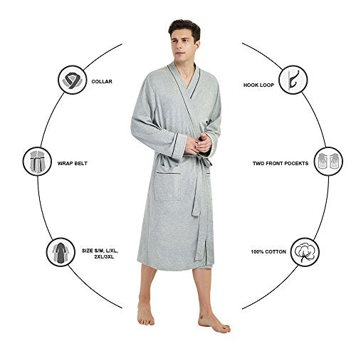 U2SKIIN Mens Cotton Robe Lightweight Knit Bathrobe(Grey, S/M)